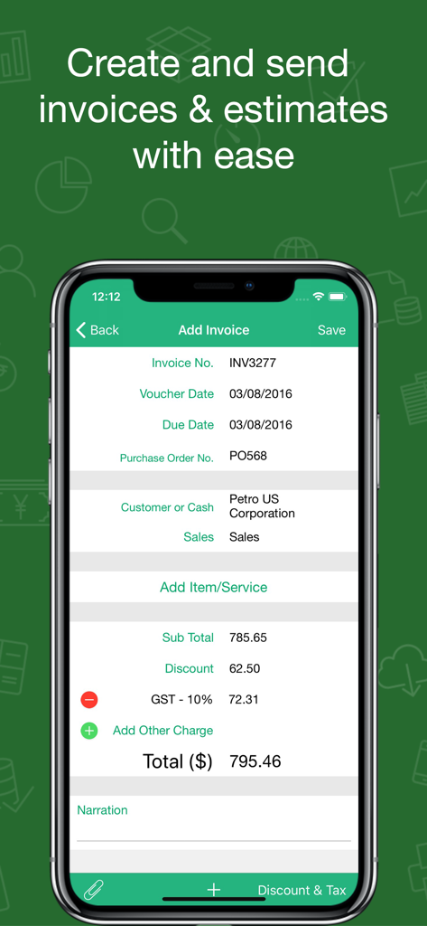 Book Keeper Accounting - Book Keeper Accountingアプリの請求書追加画面が表示されたスマートフォン。顧客情報、商品、税金のフィールドがあります。