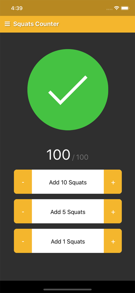 Squats Counter - Squats Counter app interface showing 100 of 100 squats completed with a green checkmark and rep increment buttons