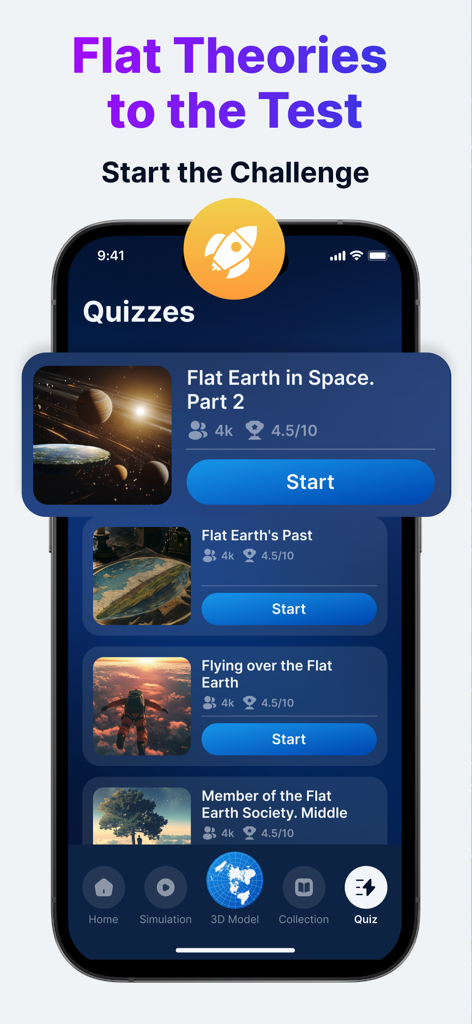 Flataverse: Explore Flat Earth - Quizzes section of the Flataverse app displaying flat earth theory challenges