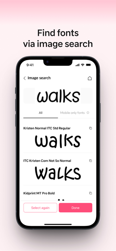 Bakey: fonts market - Interface de l'application Bakey montrant la fonctionnalité de recherche d'images de polices avec les résultats pour le mot "promenades"