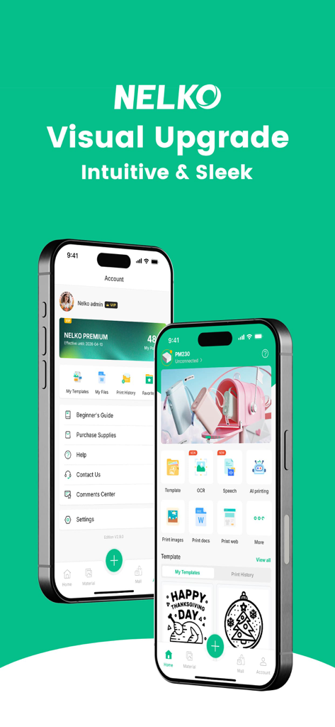 Nelko label printing app showing its sleek and intuitive user interface on two smartphones