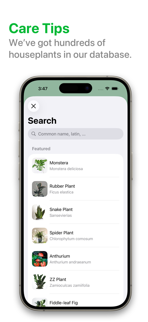PlantPal: Plant Care - A smartphone displaying the PlantPal app's plant library search screen with a list of featured houseplants like Monstera and Snake Plant.