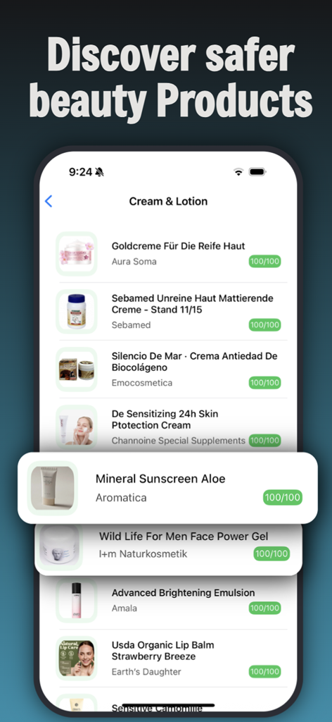 AI Skin Scanner: Skincare Time - AI Skin Scanner app displaying safety scores and ingredient ratings for various beauty products and lotions