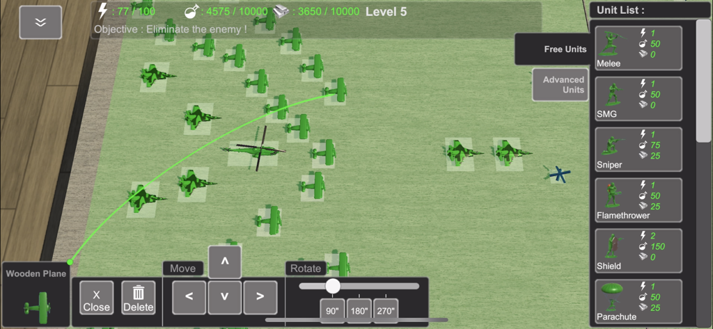 Tactical unit placement in Toy Conflict with green plastic army men and planes