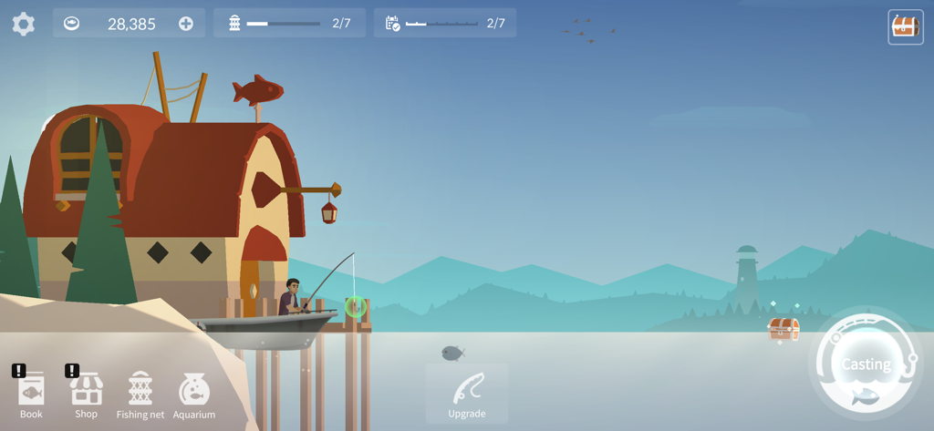 Eine Figur angelt von einem Boot neben einem gemütlichen Haus am Wasser in einer friedlichen Landschaft.