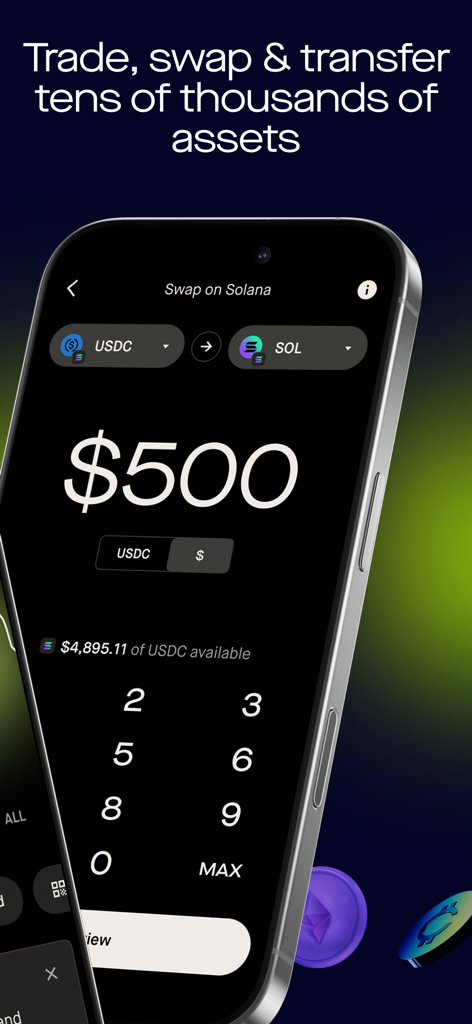 솔라나 네트워크에서 USDC를 SOL로 교환하기 위한 Robinhood Wallet 앱 인터페이스를 보여주는 스마트폰 화면.