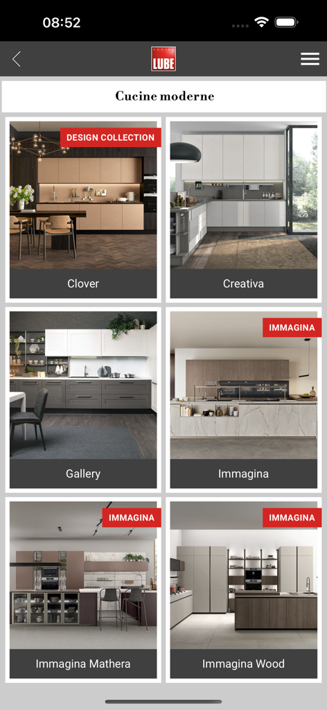 Gruppo LUBE - Gruppo LUBE app showing a catalog of modern Italian kitchen designs including Clover and Immagina models.