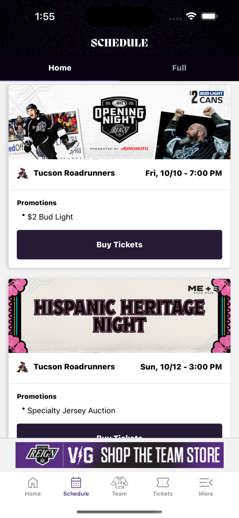 Ontario Reign - Ontario Reign app schedule screen displaying upcoming home games and ticket buying options