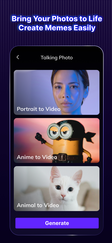 Interface de l'application Vozo AI pour créer des vidéos parlantes à partir de portraits, d'anime et de photos d'animaux.