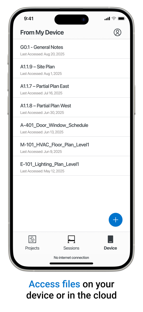 Aplicativo móvel Bluebeam Cloud exibindo uma lista de plantas arquitetônicas e de engenharia armazenadas no dispositivo