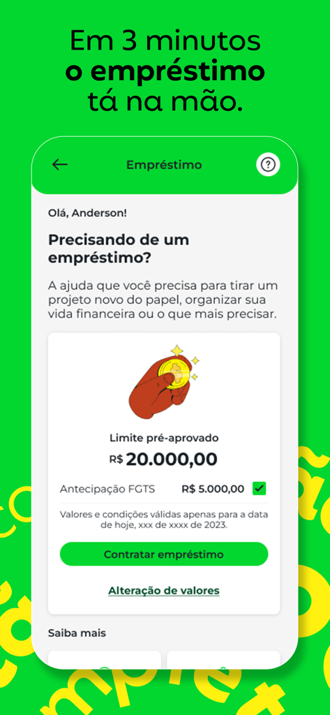 Mobile app screen showing a pre-approved loan limit of 20,000 BRL within the SuperApp VR platform