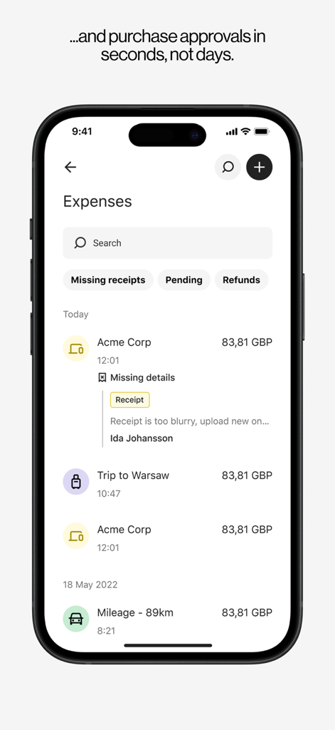 Pleo - Pleo mobile app screen displaying expense reports and purchase approval status