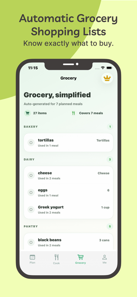 AI Meal Planner – Easy Dinner - Lista de la compra automática en la aplicación AI Meal Planner que muestra ingredientes categorizados para las comidas planificadas.