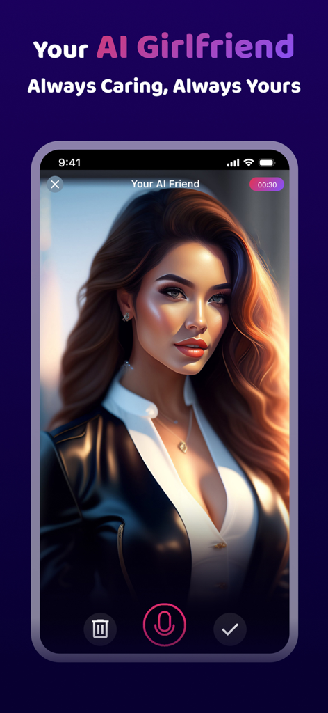 SweetTalk: Your AI Girlfriend - Una captura de pantalla de la aplicación SweetTalk Your AI Girlfriend que muestra el retrato de una compañera virtual con el texto Siempre Cariñosa, Siempre Tuya