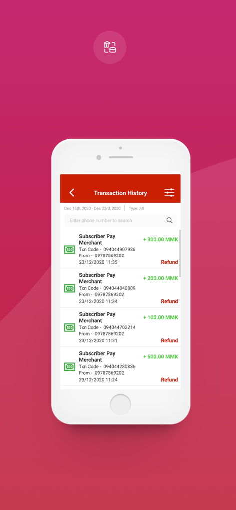 AYA PAY Merchant - AYA PAY Merchant app transaction history screen showing a list of subscriber payments in MMK with refund options.