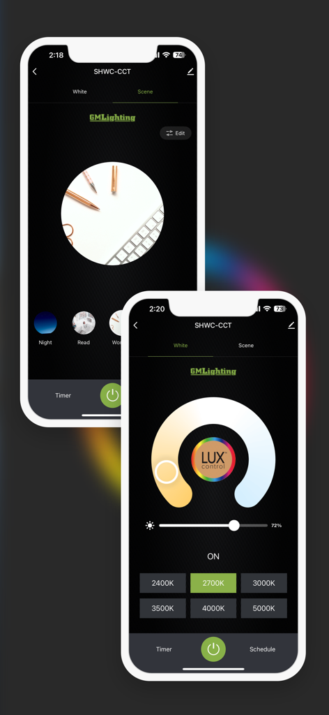 LUX Control - Interface of the LUX Control app showing smart lighting controls for color temperature and scene presets
