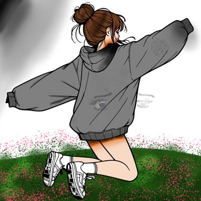 realistic girl jumping with a bun and oversized sweatshirt