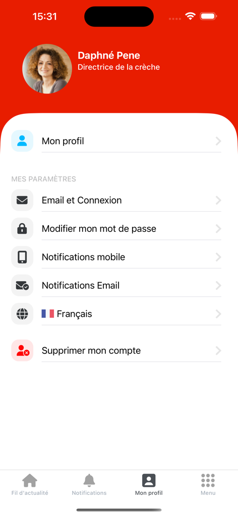 UCPA Odyssée - By Kidizz - L'écran de profil et des paramètres de l'application UCPA Odyssee affichant les options de gestion de compte et les préférences de notification.