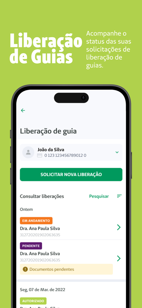 Unimed SP - Clientes - Unimed SP app screen showing the status of medical guide authorizations