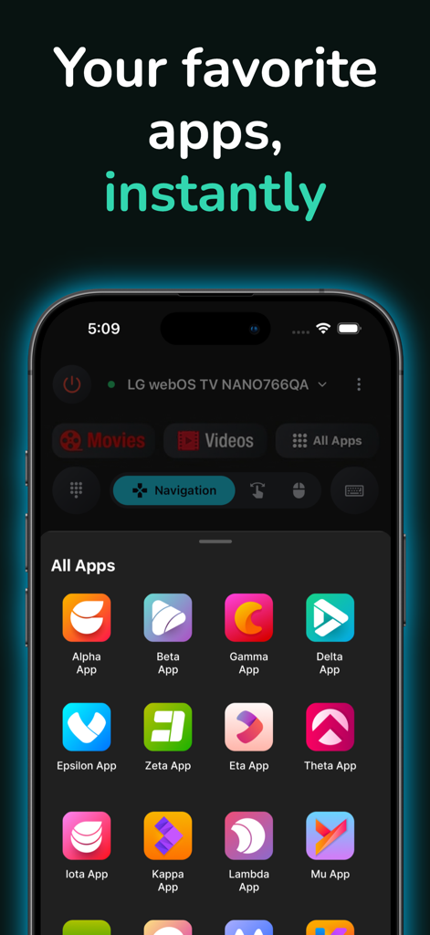 Interface of the Any TV Remote Control app showing a list of installed TV apps ready for instant launch on a Smart TV