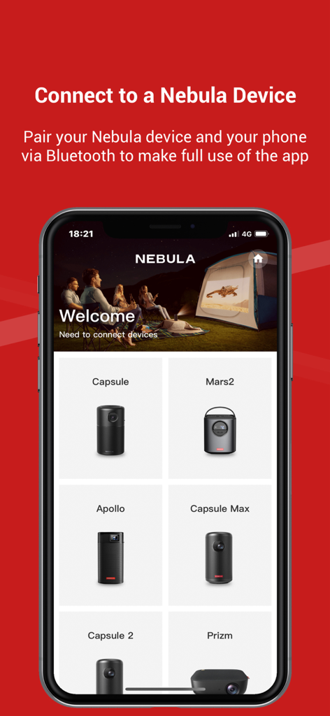 Nebula Connect App-Oberfläche, die Smart-Projektor-Kopplungsoptionen und Modellauswahl anzeigt.