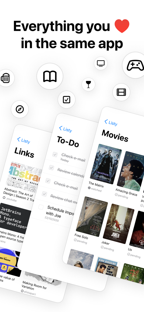 Listy app interface showing categories for links, to-do items, and a movie watchlist with poster art.