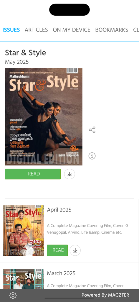 Star & Style - Digital interface of the Star and Style app showing a list of monthly Malayalam magazine issues focusing on cinema and lifestyle.