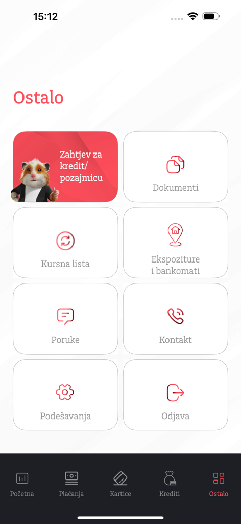 Addiko Mobile Crna Gora - The More menu screen of the Addiko Mobile Crna Gora app displaying options for documents exchange rates branches and settings