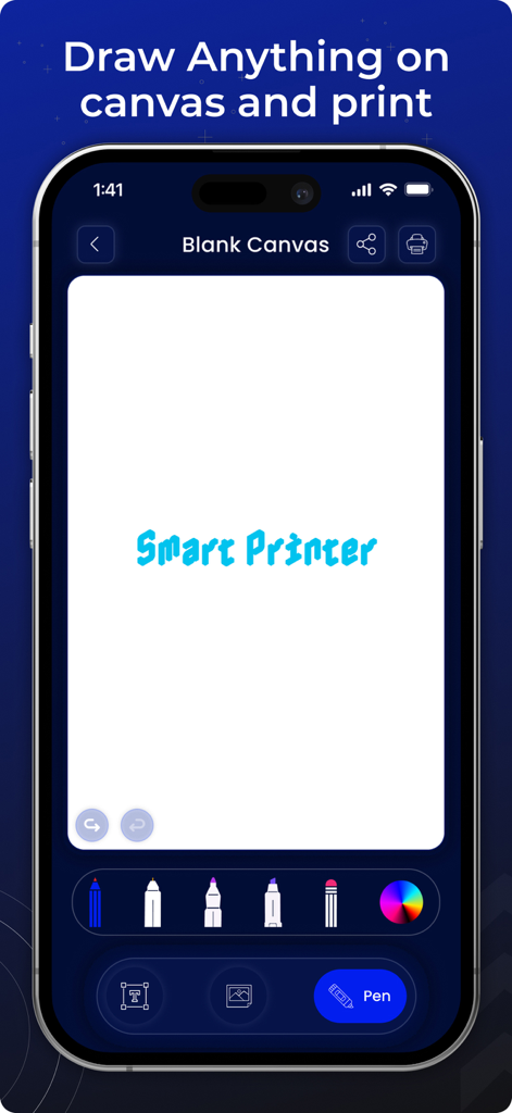 Tela de desenho em branco em um iPhone mostrando ferramentas de caneta e um título escrito à mão no aplicativo Impressora Inteligente Tudo em Um