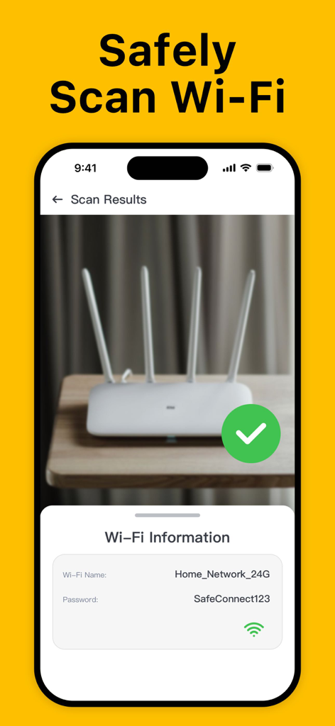 QR Code Reader app interface showing Wi-Fi network name and password after scanning