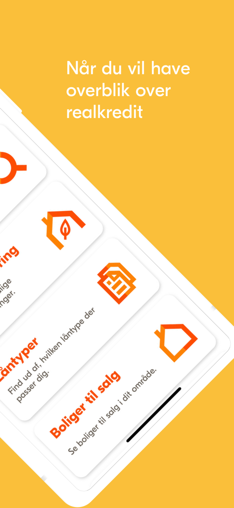 Interface do aplicativo móvel Totalkredit exibindo tipos de empréstimos hipotecários e opções de pesquisa de imóveis em dinamarquês