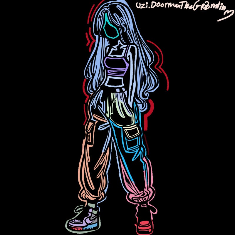 girl in baggy pants crop top and long hair