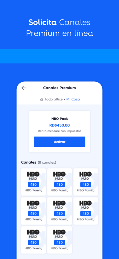 Pantalla de la aplicación Mi Altice que muestra la opción para solicitar y activar paquetes de canales premium HBO en línea