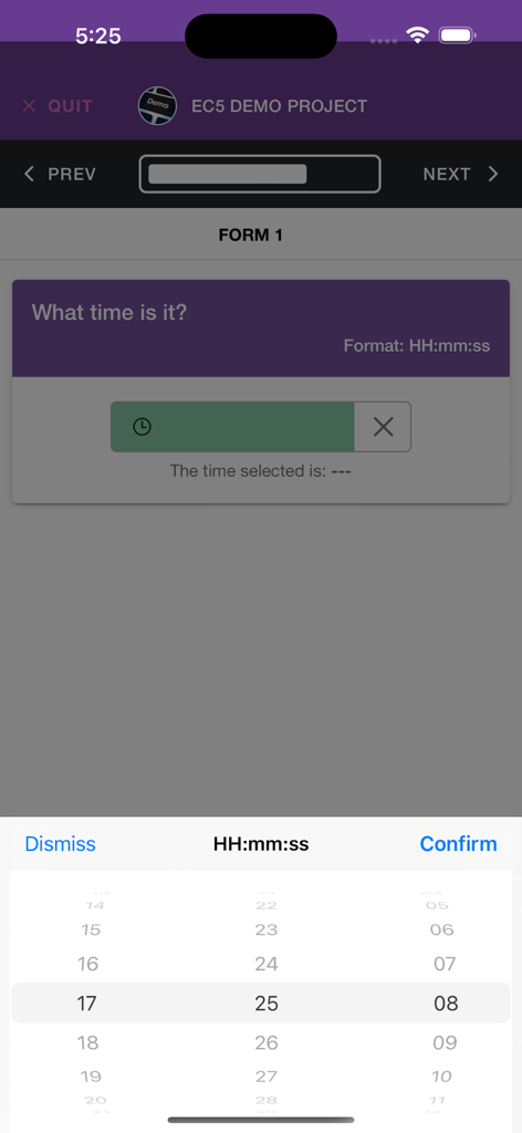 Epicollect5 mobile app interface showing a time selection field with a scrolling picker for hours minutes and seconds