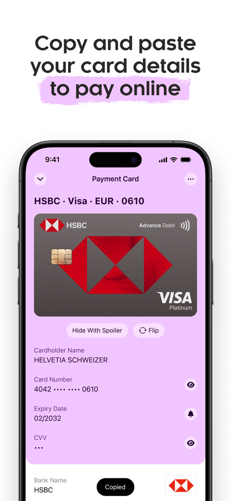 Folio: Digital Wallet App - Interfaccia dell'app Folio che mostra una carta di credito digitale con opzioni per copiare il numero della carta e la data di scadenza per pagamenti online