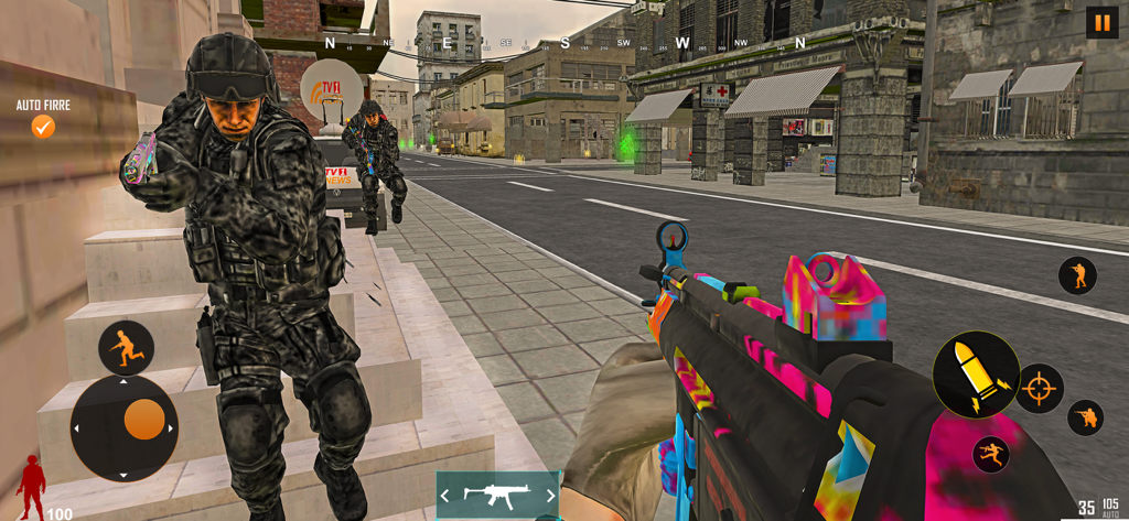 FPS Shooting Sniper Gun Games - Captura de pantalla de un juego móvil FPS que muestra a un comando en una misión urbana con un arma de color neón