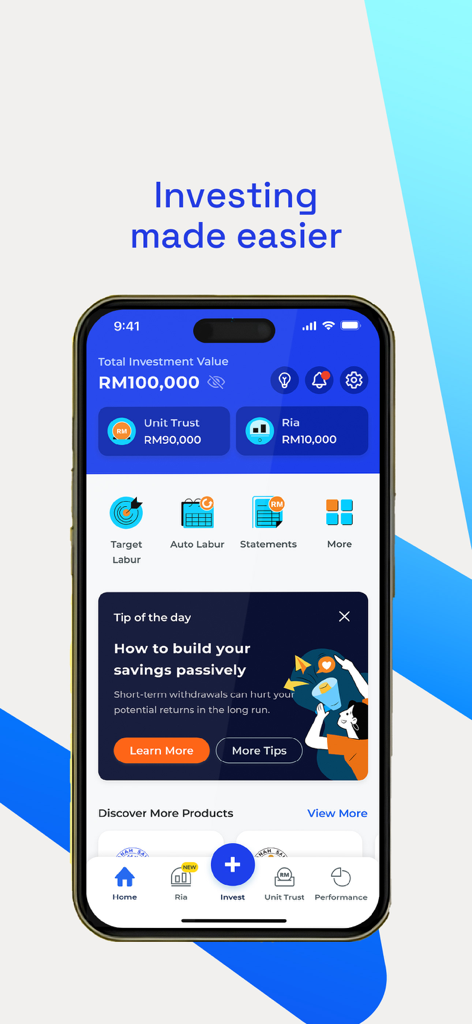 myASNB - La schermata principale dell'app mobile myASNB che mostra il valore totale dell'investimento e il portafoglio dei fondi