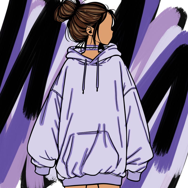 realistic girl with a oversized sweatshirt on and a bun