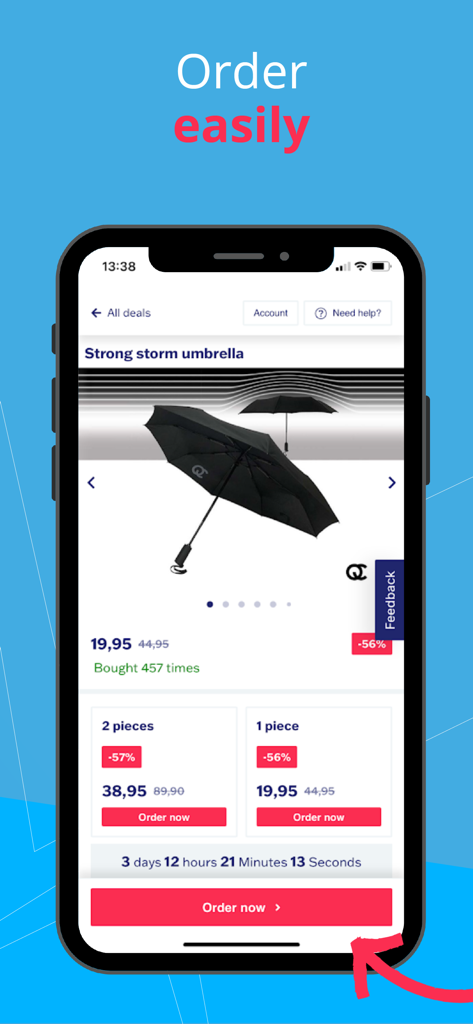 Outspot - Outspot app interface showing a discounted storm umbrella product deal with a countdown timer