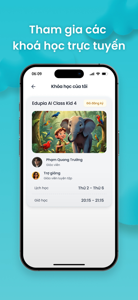 Edupia AI - Edupia AI mobile app interface showing an online English course for kids with schedule and teacher information