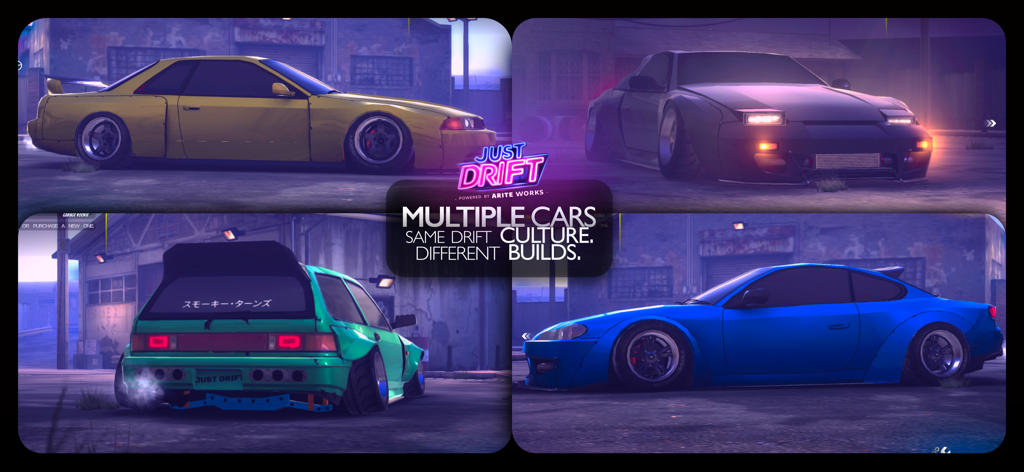 JDM: Just Drift Max - Uma vitrine de quatro carros de drift personalizados diferentes com montagens e cores exclusivas no JDM Just Drift Max