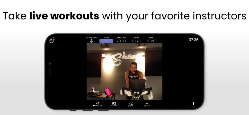 Un smartphone mostrando una clase de ciclismo indoor en vivo en la app Spivi.Home con métricas de rendimiento en tiempo real como frecuencia cardíaca y RPM.