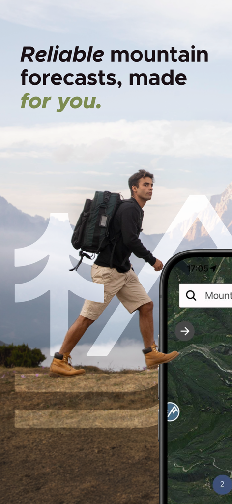 Hiker in mountains with Mountain Forecast app interface