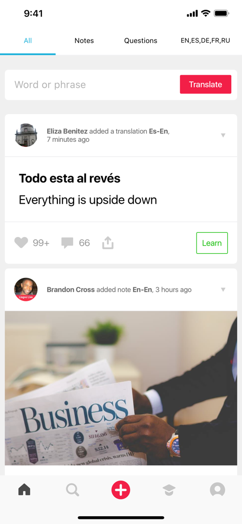 Language Live Dictionary app interface showing a social feed with community translations and language notes