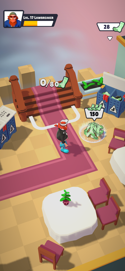 Street Dude - Homeless Empire - Gameplay screen of Street Dude Homeless Empire showing character Sam collecting green socks inside a building