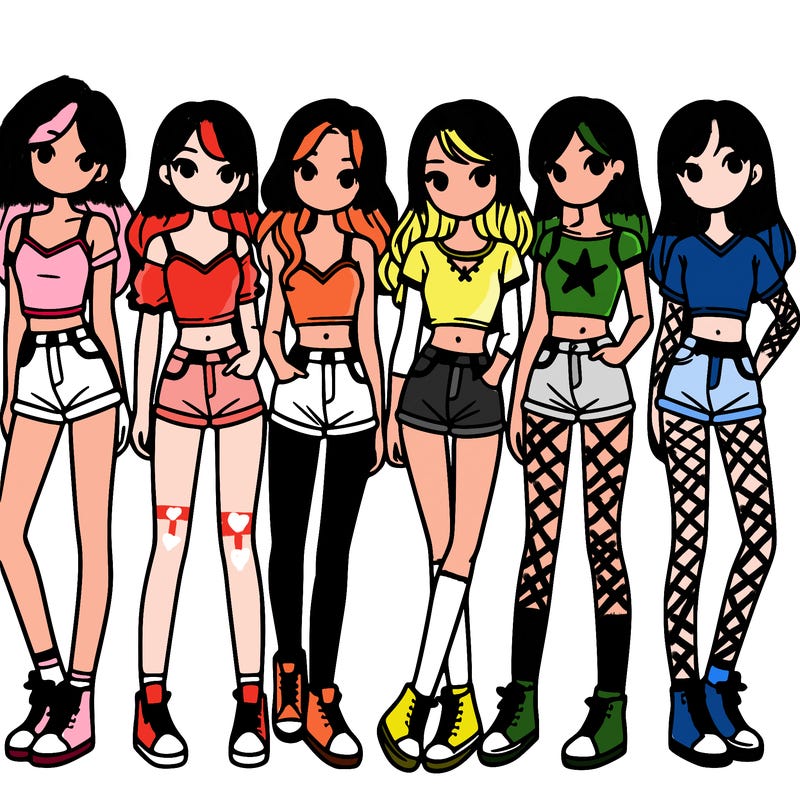 a group of girls wearing crop tops and shorts