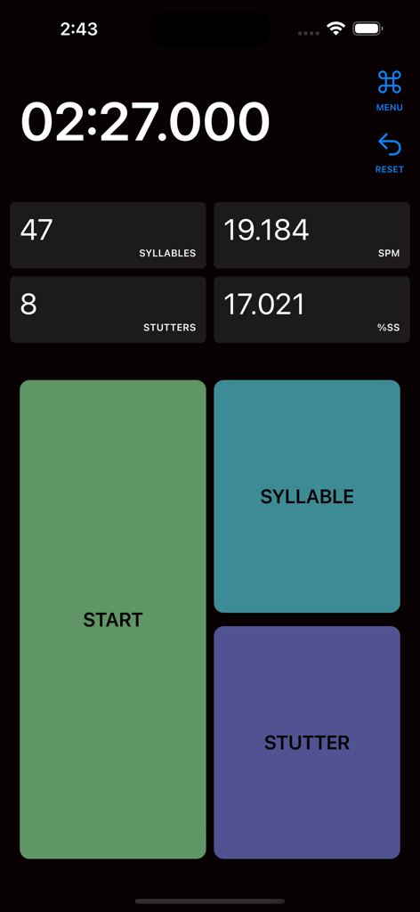 Fluency Calculator app interface showing speech fluency metrics including syllables per minute and percentage of syllables stuttered
