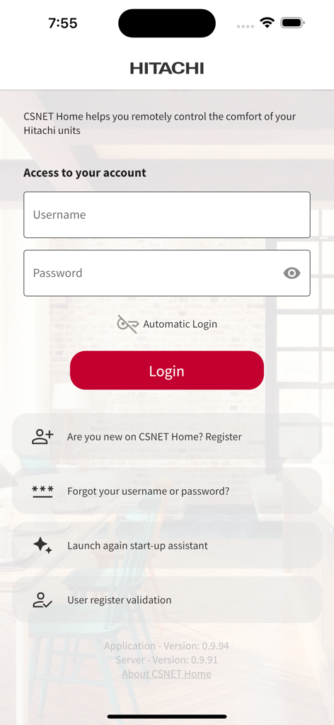 CSNET Home - Login screen for the CSNET Home app by Hitachi
