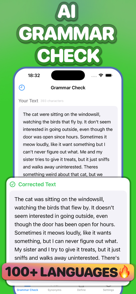 Grammar Check Corrector + - AI Grammar Check Corrector app interface showing original and corrected text with 100 plus languages support banner