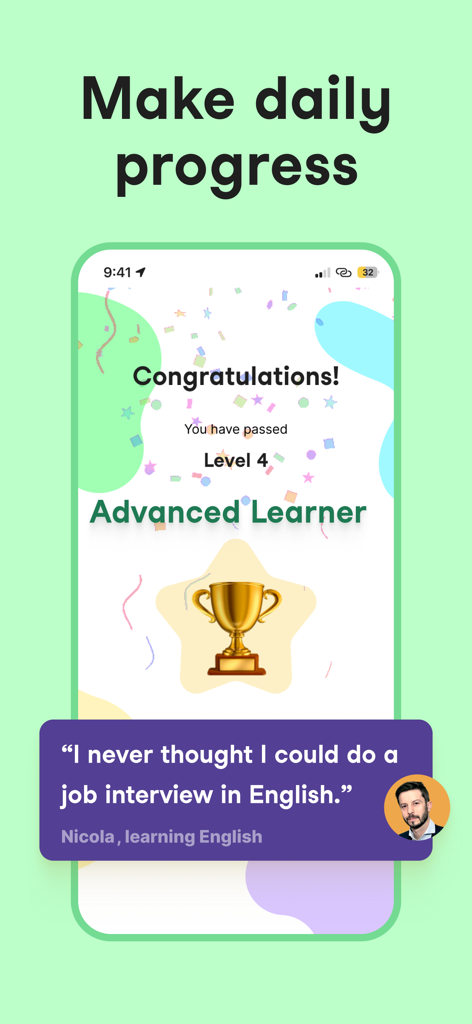 Univerbal AI Language Learning - Univerbal app congratulations screen for reaching Level 4 Advanced Learner with a trophy icon and student testimonial